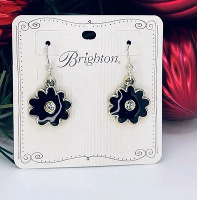 Новый с Ярлыками Brighton черный эмаль цветок капли серьги кристалл центр два тона  - Изображение 1 из 4