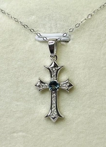 Small 925 Sterling Silver Natural London Blue Topaz Cross Pendant Necklace - Picture 1 of 11