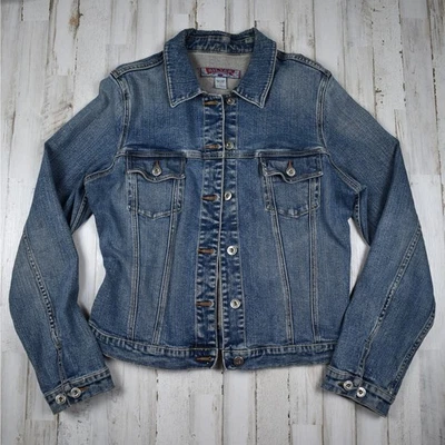 Y2K Vintage Silver Jeans Elástico Azul Denim Trucker Chaqueta Talla Slim Grande Informal Foto 1 de 4