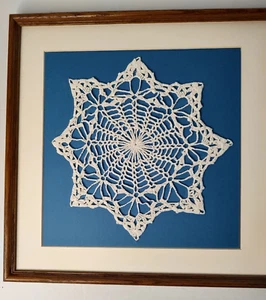 Vintage Custom Framed Needlework Crocheted Doily Vintage Blue background decor - Picture 1 of 5