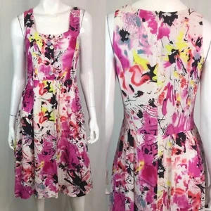 $295 Helene Berman Women’s 8 Pink Abstract Art Button Up Pleated Shirt Dress - Picture 1 of 11