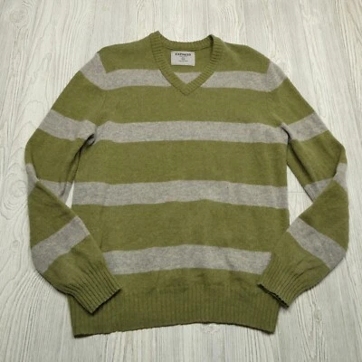 EXPRESS Lambs Wool Sweater Adult Large Green Gray Striped V Neck Miweight - Image 1 of 4