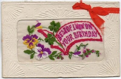 4 Page Folding Silk Card Best of Luck on Your Birthday 1918 Good Condition - Image 1 of 3