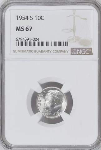 1954-S Roosevelt Dime- NGC MS67 Cover