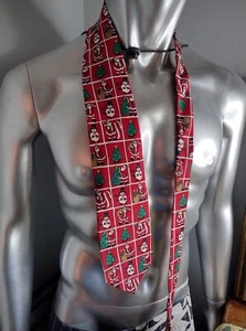 Noel Christmas Colorful Santa Ornaments Pattern 100% Silk Red Tie - Picture 1 of 2