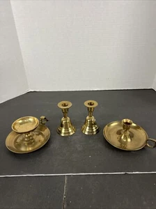 Vintage Lot 4 Pc Brass Bells / Candle Holder Combo, Solid Pillar Taper - Picture 1 of 7