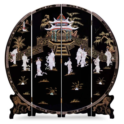 US Seller - Black Lacquer Mother of Pearl Chinese Round Floor Screen - Image 1 of 3