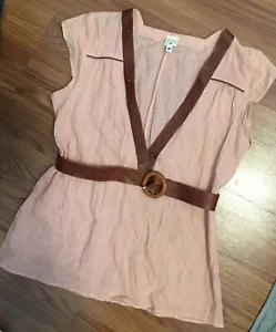 Anthropologie Lauren Moffatt Blouse Pale Pink Brown Leather Trim Belted Shirt M - Picture 1 of 12