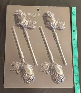 Single Rose Stem Flower Love Valentines Chocolate Candy Plastic Lollipop Mold  - Picture 1 of 3