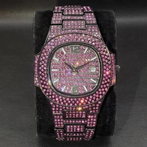 Reloj de lujo Hip Hop Ice Out para hombre y mujer Iced Custom Bling VVS púrpura diamante - Imagen 1 de 9