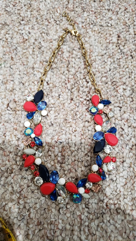 Pre-owned J. Crew Gold Tone Statement White Blue & Red Necklace Patriotic - Image 1 of 3