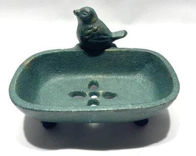 Soporte de jabón de manos de hierro fundido con forma de pájaro acabado verde antiguo 5"x4"x3" Foto 1 de 4