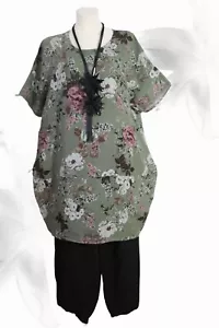 Lagenlook Ballon Leinen Kleid Long Tunika EG 46 48 50 52 Leinen Blumen grün - Bild 1 von 5