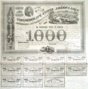 1863 Confederate States of America $1000 bond 11 coupons Ball 201 Criswell 125 - Picture 1 of 7