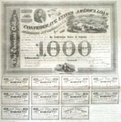 1863 Confederate States of America $1000 bond 11 coupons Ball 201 Criswell 125 - Image 1 of 4