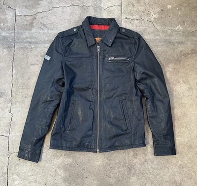 Superdry Hombre Chaqueta Motociclista Premium Cuero Negro Forro Acolchado "L" Foto 1 de 4