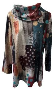 NEU Jess & Jane Wasserfallausschnitt Strick Top Abstrakt Print Gr. M Tunika Lagenlook Weich - Bild 1 von 16