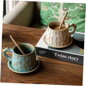 Rustic Coffee Mugs Set, 10 oz Ceramic Mug Set of 2 with Saucers Spoons Hobo - Picture 1 of 8