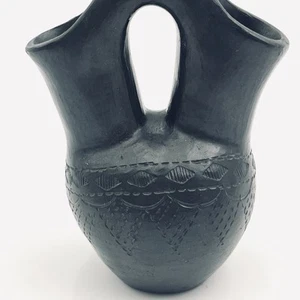 Signed Bigmeat Cherokee Black Pottery Wedding Vase Blackware North Carolina 5” - Picture 1 of 11