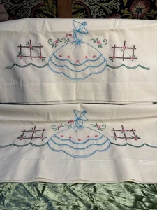 Vintage Hand Embroidered Pillowcases Blue Bell Lady Fence Flowers - Picture 1 of 7