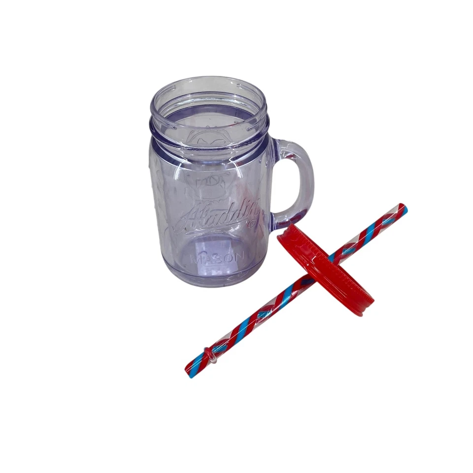 Aladdin Clear 16 oz Mason Jar Tumbler Travel Mug Red Blue Straw & Handle Red Lid - Image 1 of 4