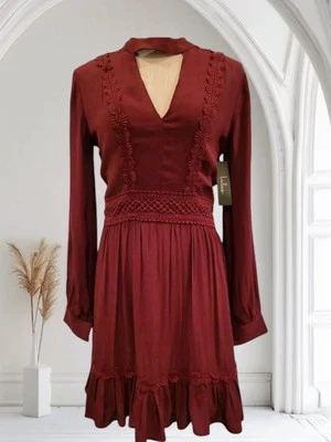 Lulus Mini Dress Size Small Lacey Burgundy Long Sleeve Ruffle Skirt Collar NEW - Image 1 of 4