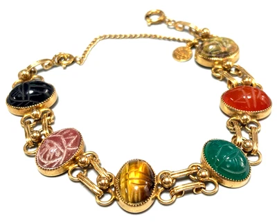 Vintage 12K Gold Filled Egypsian Scarab Multi Gemstone Link Bracelet Signed D'OR - Image 1 of 4