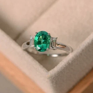3Ct Oval Cut Lab-Created Women's Emerald Engagement Ring 14k White Gold Plated - Picture 1 of 5