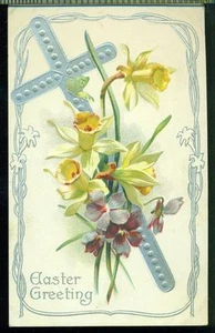 SALUTO PASQUA Croce Argento Viola Narcisi AMP CO. CARTOLINA D'EPOCA - Foto 1 di 1