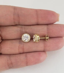 925 Sterling Silver Gold Plated Round Simulated Diamond Stud Earrings - Picture 1 of 1