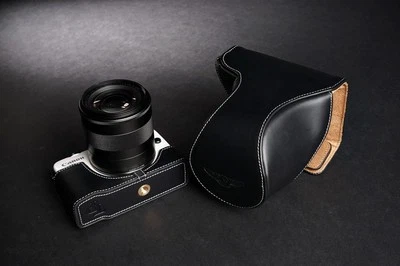 Genuine real Leather Full Camera Case bag for CANON EOS-M2 ZOOM Lens Black color - Image 1 of 4
