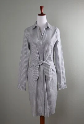 CALVIN KLEIN NEW $119 White Gray Striped Tie Front Bow Cotton Shirt Dress Size 2 - Image 1 of 4