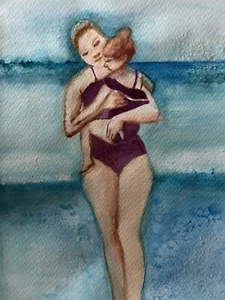 original watercolor painting of a mother and daughter by the ocean - Picture 1 of 3