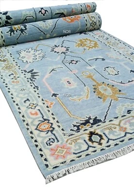 Handmade Ivory Blue Hand Knotted Oushak Wool Rug Customize in any Size - Image 1 of 4