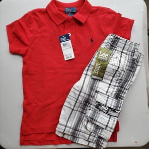 Boys Size 5 Red Ralph Lauren Polo Top & Black Plaid Lee Cargo Shorts - Picture 1 of 2
