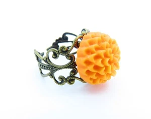 Vintage Inspired Womens Orange Chrysanthemum Antiqued Filigree Ring Adjustable - Picture 1 of 6