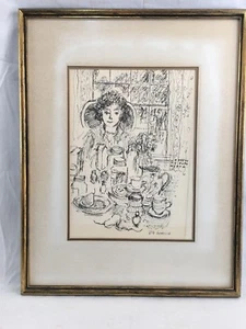 Orig. vint. signed Rita Genecin ~ Baltimore Pen & Ink Drawing Woman at Breakfast - Picture 1 of 6