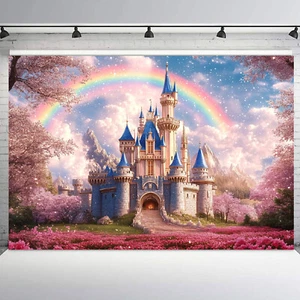 Fondo de vinilo de castillo azul arco iris paisaje de montaña de 10x8 pies - Imagen 1 de 11