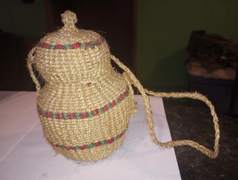 Handmade Woven Basket Ethnic Tribal Vintage Folk Art Lid and Strap Handle 5" T Cover