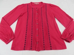 BLUSA TOP 100% ALGODÓN MANGA LARGA ROSA MAGENTA SUELO CON BORDADO AZUL MARINO UK 12 - Imagen 1 de 17