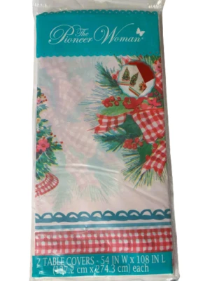 2 The Pioneer Woman Christmas Tree Plastic Table Covers 54x108 Red Gingham Teal - Image 1 of 4