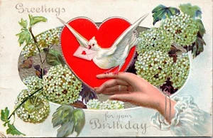 Paloma Rosa Letra Damas Hortensias de Mano Plata Cumpleaños Postal en Relieve 1910 - Imagen 1 de 2