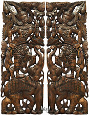 Traditionnel Thaï Figurine Avec Lotus Sur Elephant. Grand Sculpté Bois Pans Brun