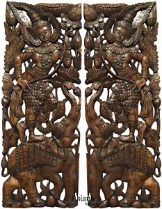 Traditional Thai Figure with Lotus on Elephant. Large Carved Wood Panels. Brown - Picture 1 of 5