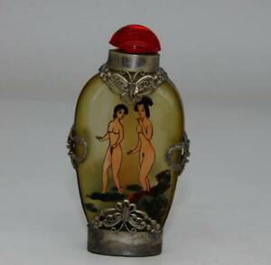 Chinese collection hand-painted glass inlay white copper beauty snuff bottle