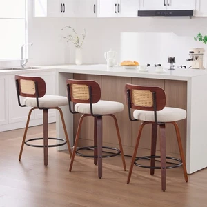 3 Set Swivel Bar Stools LInen 26" Height Barstools W/Rattan Back Wood Legs Beige - Picture 1 of 23