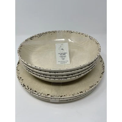 Tommy Bahama Melamine Dinner Plate & Bowl set of 4 White Cream Rustic Crackle - Image 1 of 4