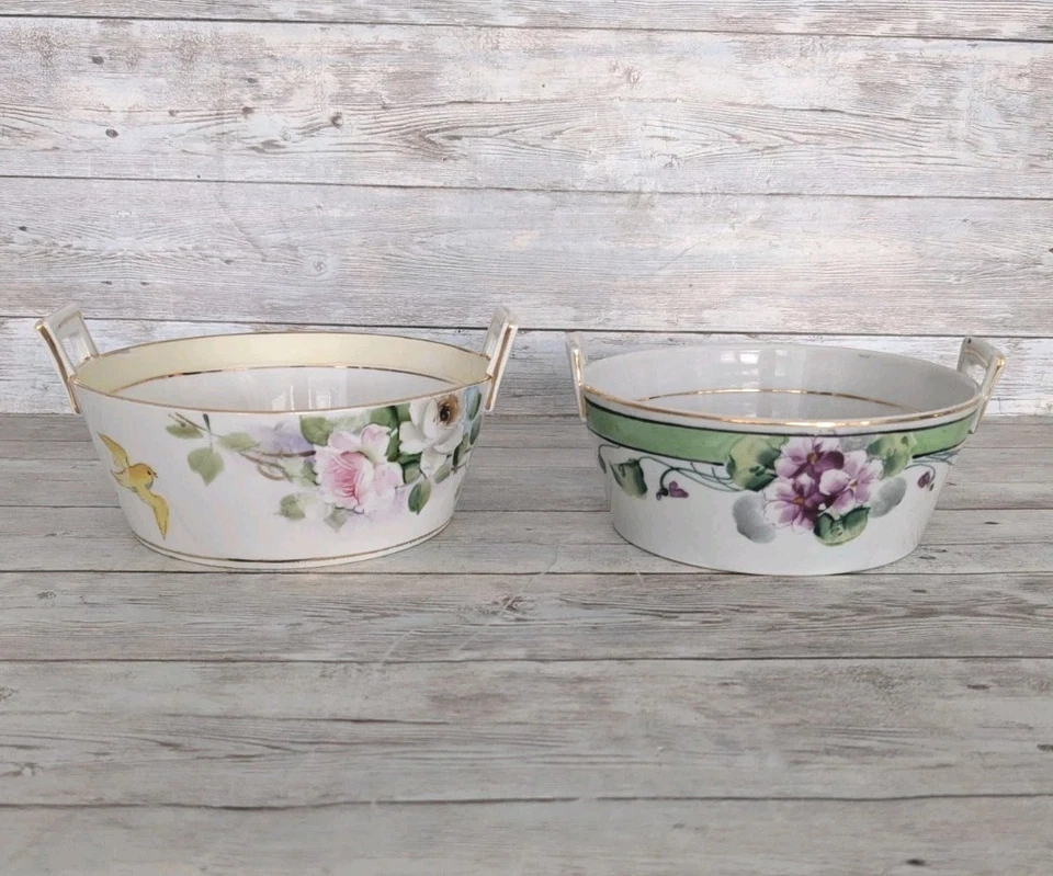 Plato de mantequilla de porcelana vintage con par de insertos Nippon pintado a mano pájaro rosa Foto 1 de 4