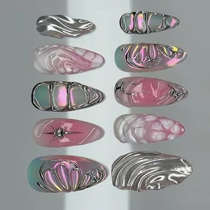 24Pieces Reusable 3D Ripples Silver Frosts Butterfly Shine Fake Nail - Picture 1 of 8