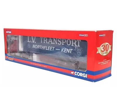Corgi 1/50 Scale CC13227 - DAF XF Space Cab Curtainside L.V. Trans. - Red/Blue - Image 1 of 3